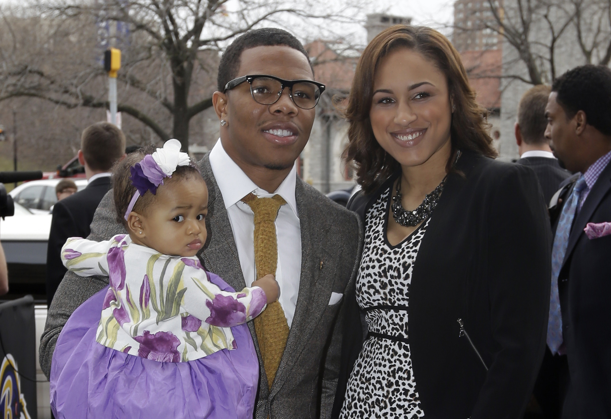PHOTO: In this March 11, 2013 file photo, Baltimore Ravens running back Ray Rice, left, poses with his daughter, Rayven, and Janay Palmer as they arrive for a screening of a new film released on DVD that chronicles the team's championship NFL football. 