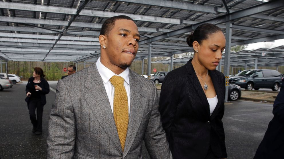 PHOTO: In this May 1, 2014, file photo, Baltimore Ravens football player  Ray Rice holds hands with his wife, Janay Palmer, as they arrive at Atlantic County Criminal Courthouse in Mays Landing, N.J. 