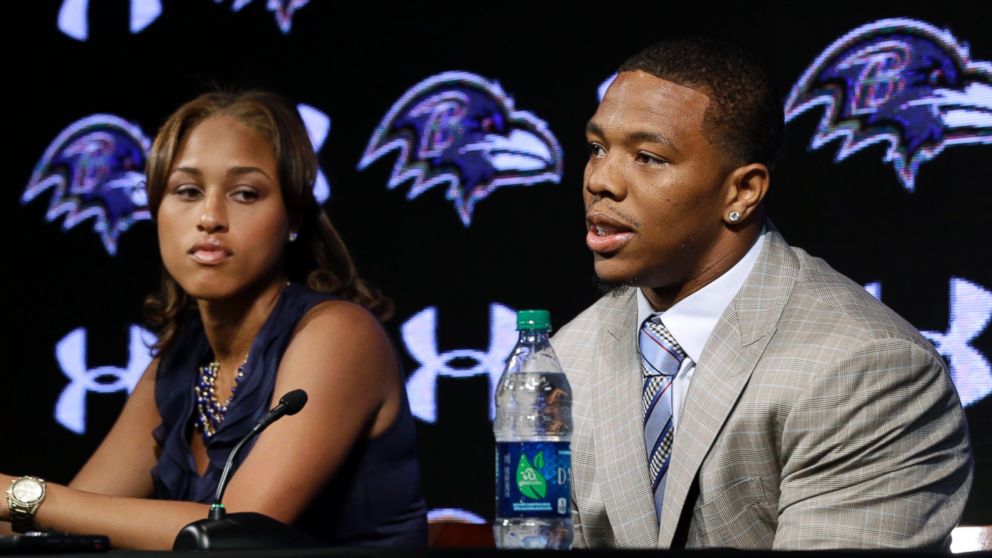 Baltimore Ravens running back Ray Rice, right, speaks alongside his wife, Janay, during a news conference at the team's practice facility in Owings Mills, Md., in this May 23, 2014, file photo.
