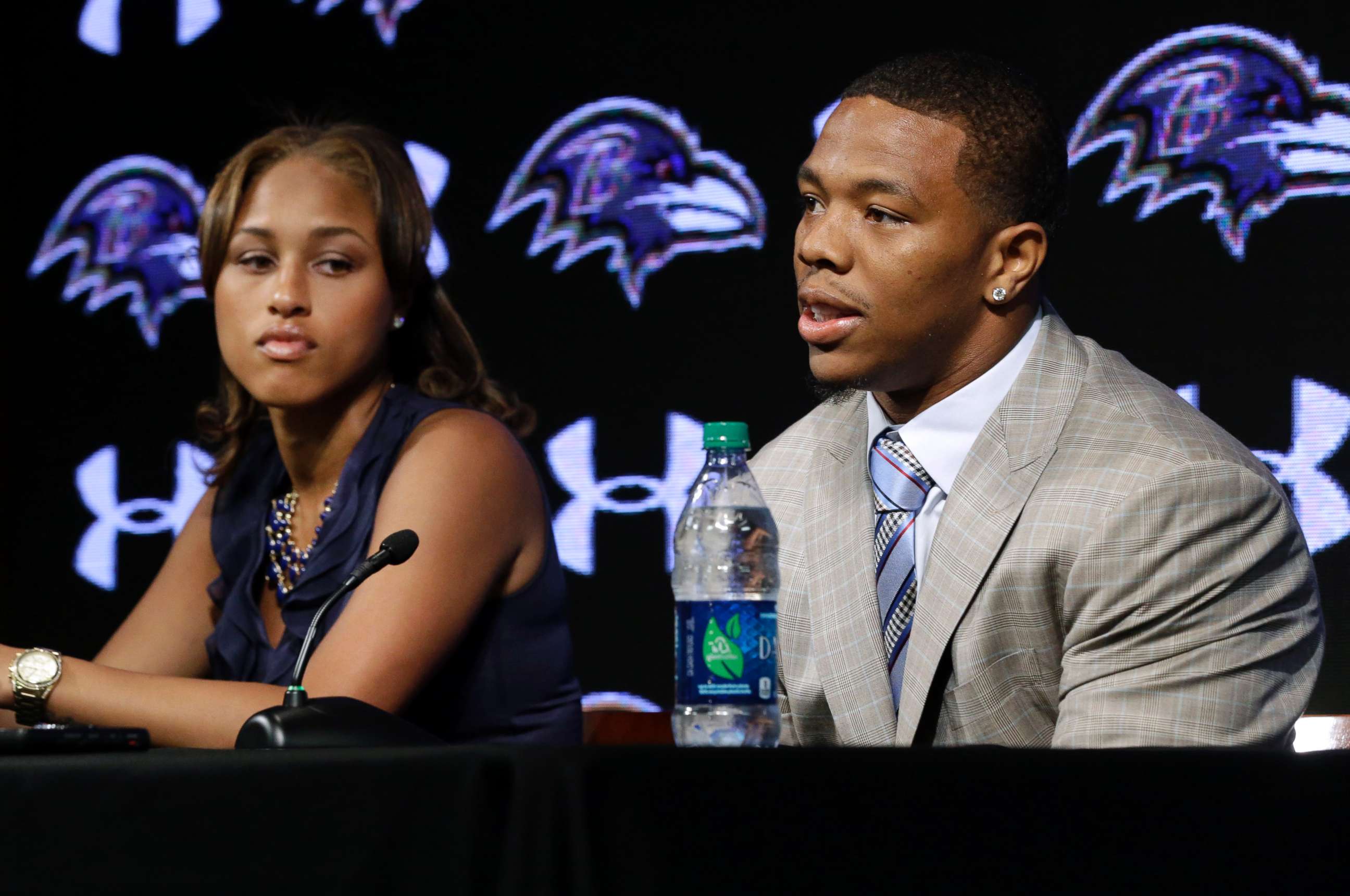 PHOTO: In this May 23, 2014, file photo, Baltimore Ravens running back Ray Rice, right, speaks alongside his wife, Janay, during a news conference at the team's practice facility in Owings Mills, Md. 