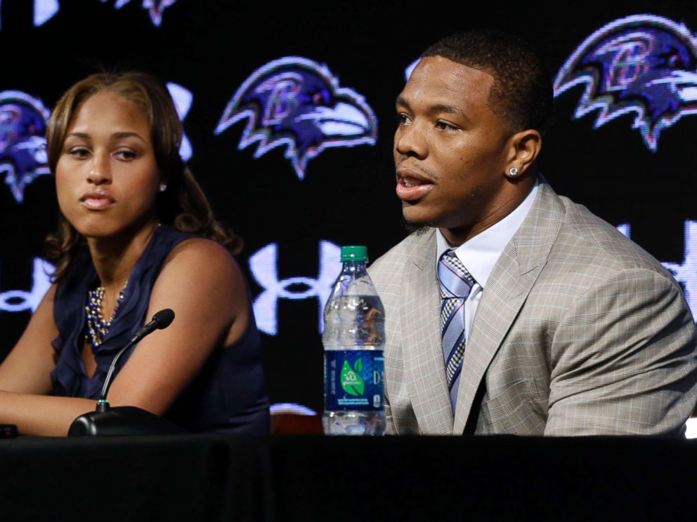 PHOTO: In this May 23, 2014, file photo, Baltimore Ravens running back Ray Rice, right, speaks alongside his wife, Janay, during a news conference at the teams practice facility in Owings Mills, Md.