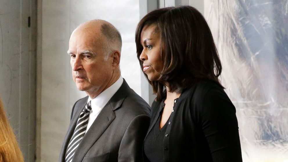 PHOTO: California Gov. Jerry Brown, left, and first lady Michelle Obama arrive at the funeral service for Nancy Reagan at the Ronald Reagan Presidential Library, March 11, 2016 in Simi Valley, Calif.