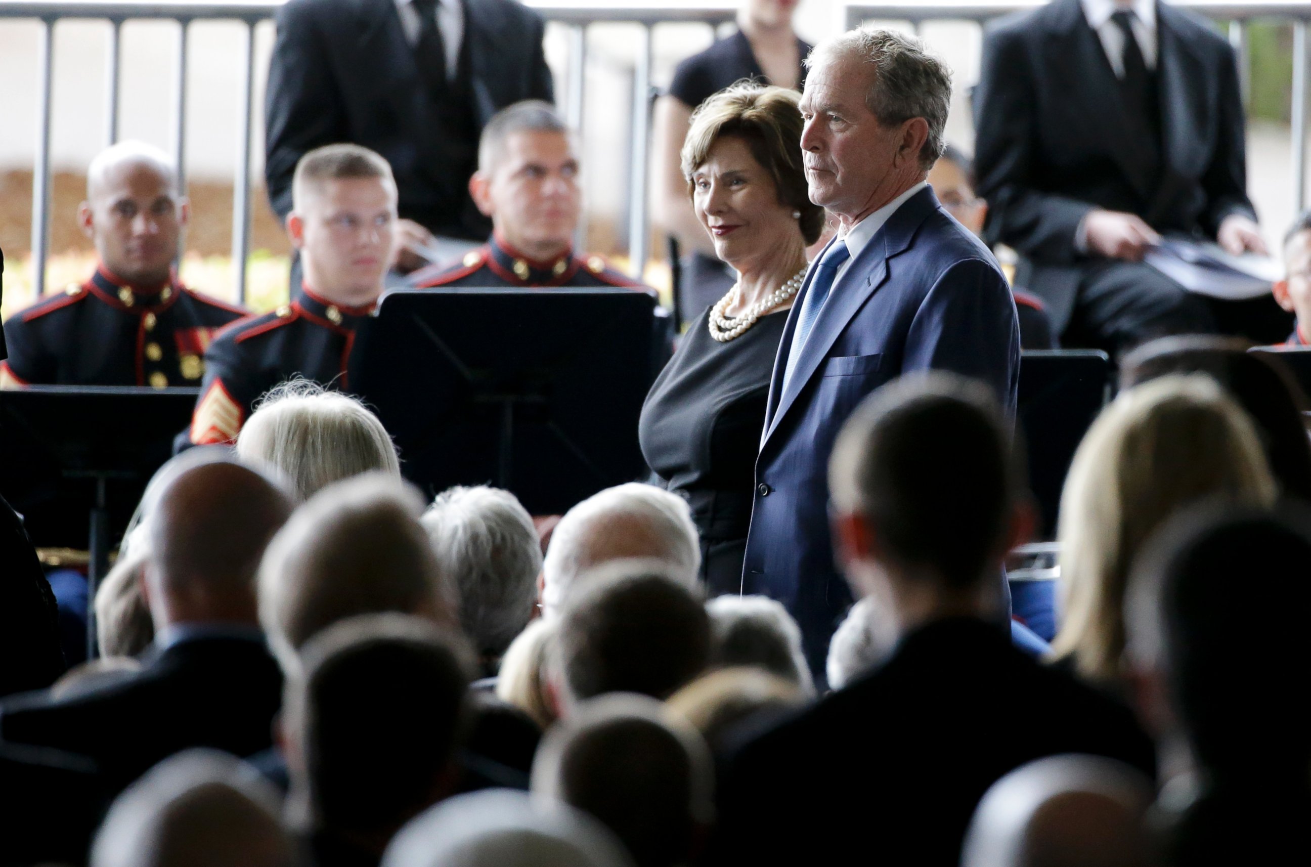 PHOTO: Former President George W. Bush and Laura Bush arrive for the funeral service for Nancy Reagan at the Ronald Reagan Presidential Library, March 11, 2016 in Simi Valley, Calif.