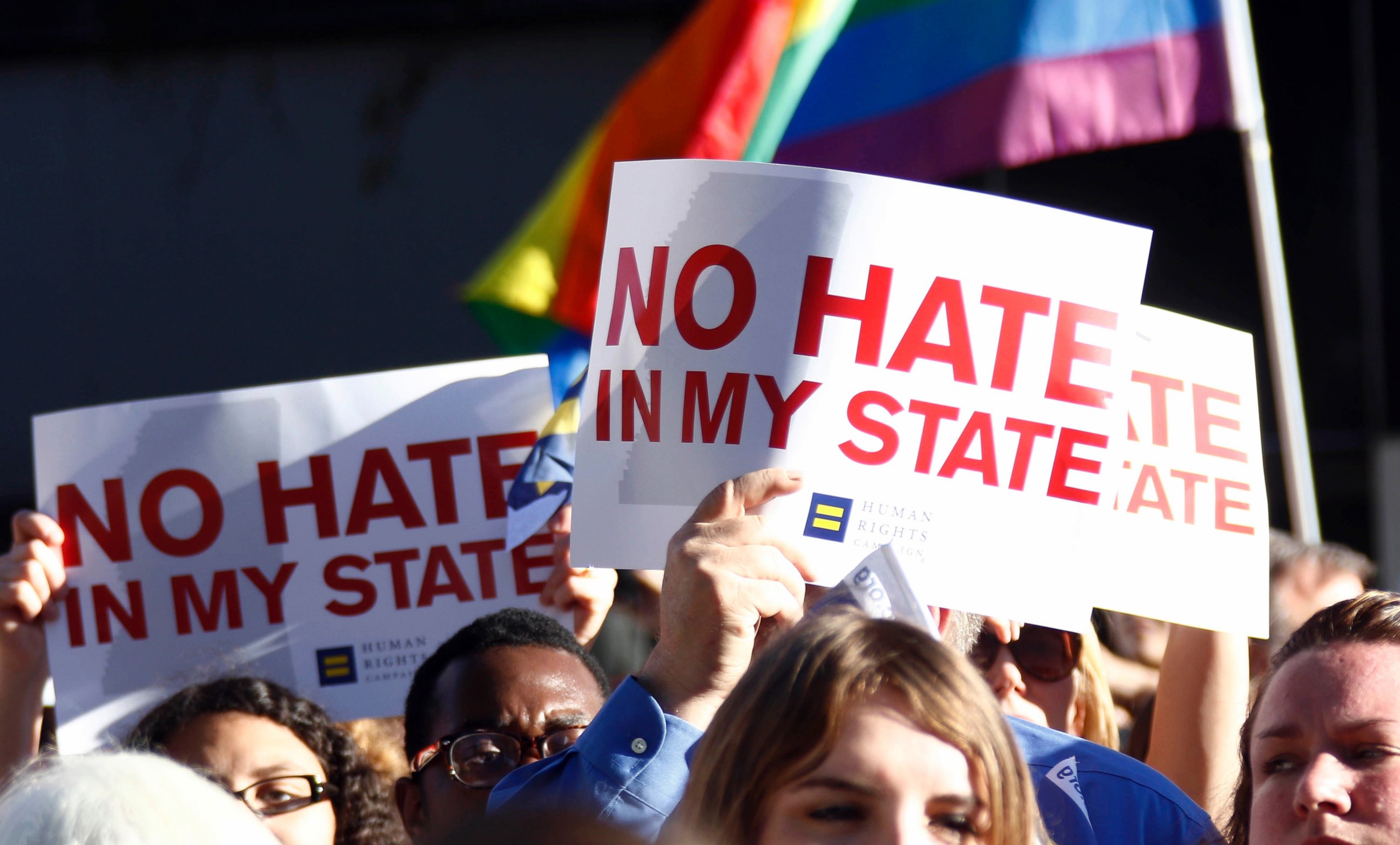 PHOTO: Protesters call for Mississippi Gov. Phil Bryant to veto House Bill 1523, which they says will allow discrimination against LGBT people, during a rally outside the Governor's Mansion in Jackson, Miss., April 4, 2016.