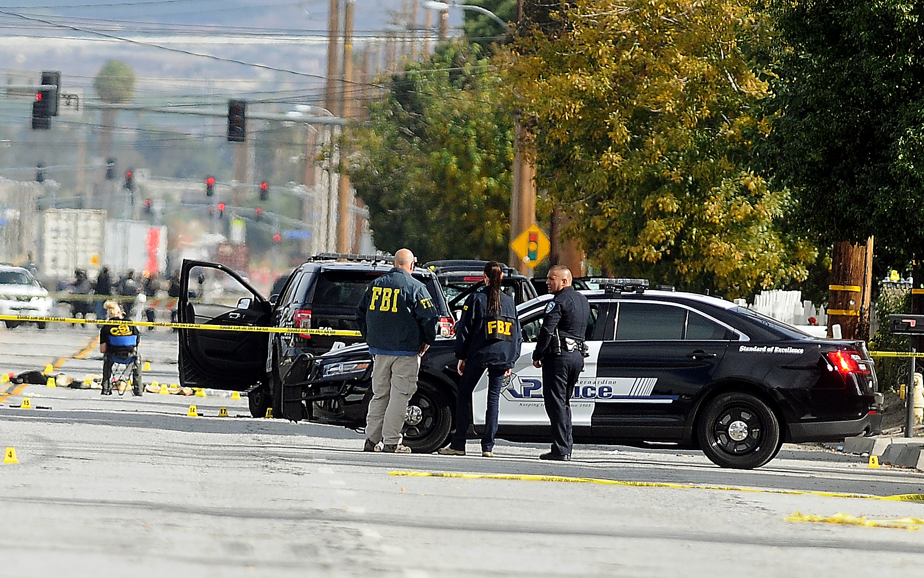 PHOTO: FBI, San Bernardino City and San Bernardino County Sheriff's officials continue documenting and investigating on Dec. 3, 2015, the scene of the shootout between law enforcement officials and the mass shooting suspects which occurred on Wednesday. 