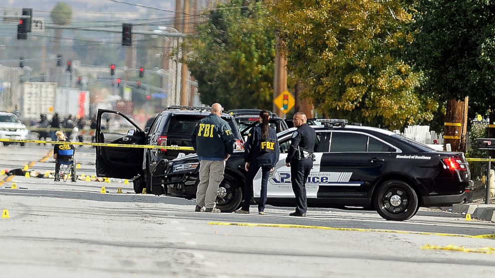 PHOTO: FBI, San Bernardino City and San Bernardino County Sheriff's officials continue documenting and investigating on Dec. 3, 2015, the scene of the shootout between law enforcement officials and the mass shooting suspects which occurred on Wednesday. 