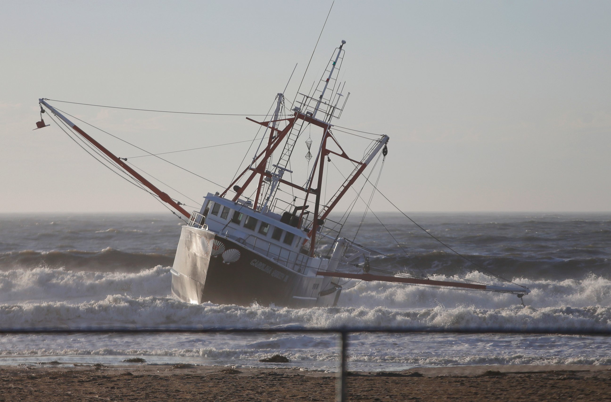 PHOTO:Fishing boat, the Carolina Queen III, rests in shallow water just off Rockaway Beach, Feb. 25, 2016, in the Queens borough of New York.  