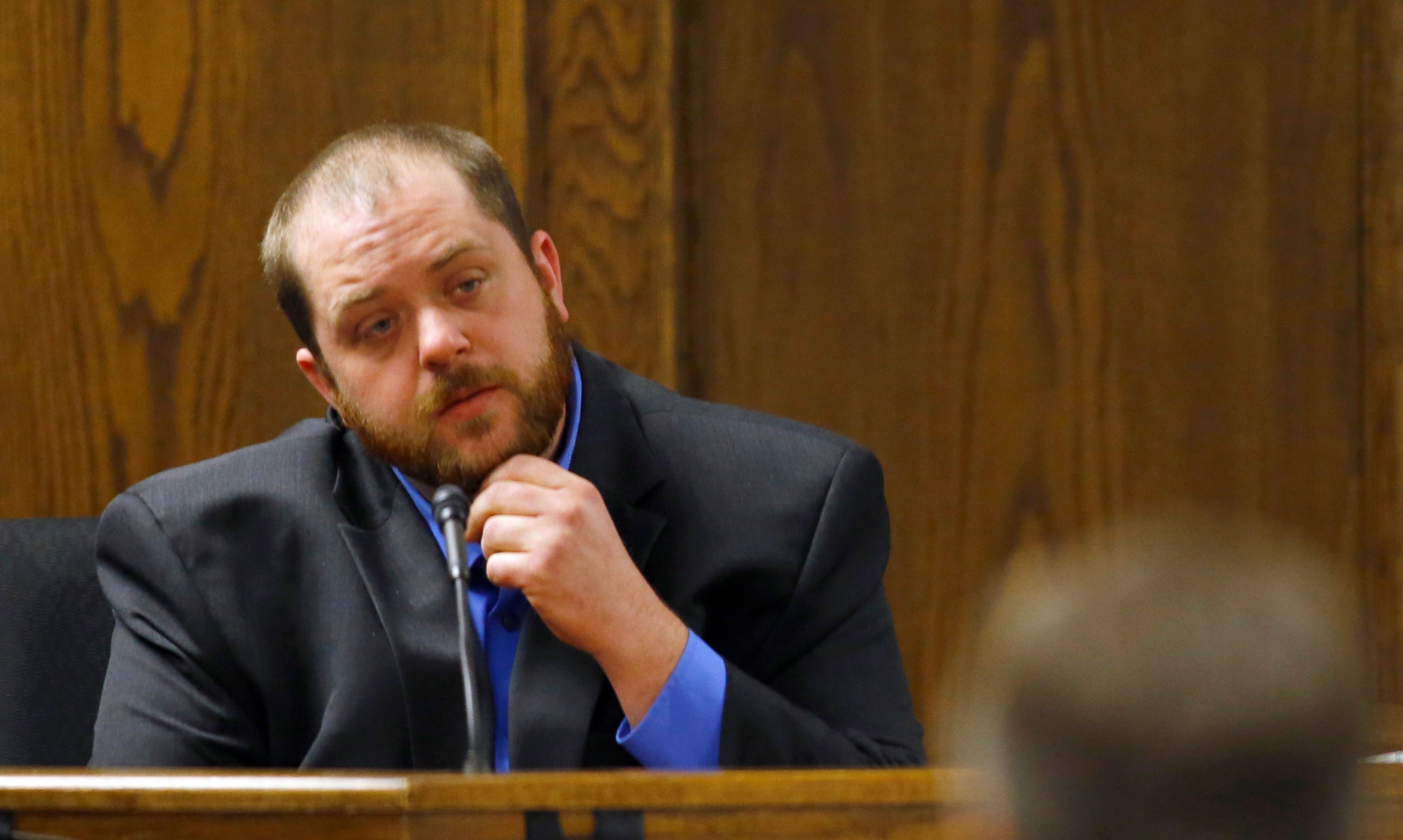 PHOTO: Gaines Blevins listens to Erath County District Attorney Alan Nash as he testifies during the capital murder trial of the former Marine Cpl. Eddie Ray Routh at the Erath County, Donald R. Jones Justice Center in Stephenville, Texas, Feb. 18, 2015.