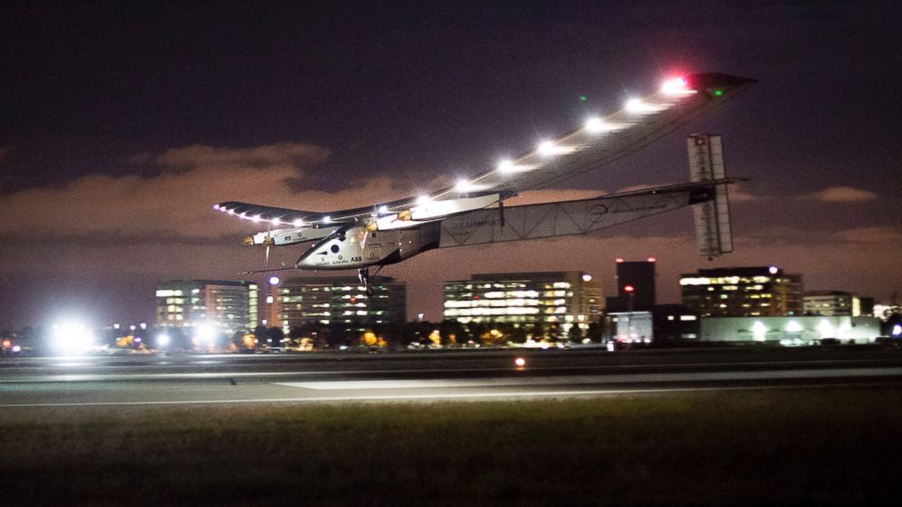 Solar Impulse 2 lands at Moffett Field in Mountain View, Calif., after crossing the Pacific Ocean on Saturday, April 23, 2016. 