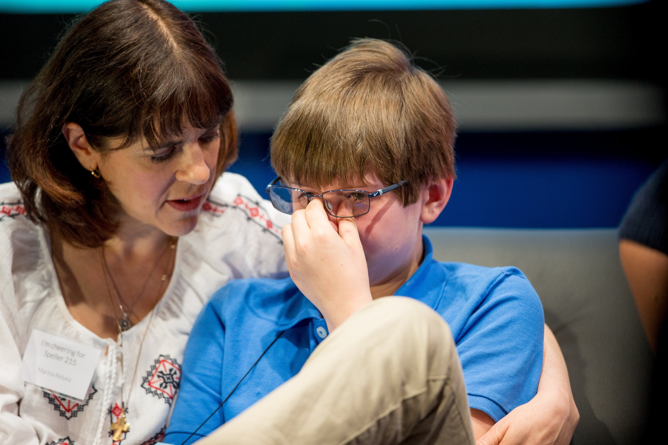PHOTO: Christopher Relyea, 12, of Cumberland, R.I. is comforted by his mother Marina Relyea after incorrectly spelling "vexillology" during the preliminaries of the Scripps National Spelling Bee,, May 27, 2015, at National Harbor in Oxon Hill, Md. 
