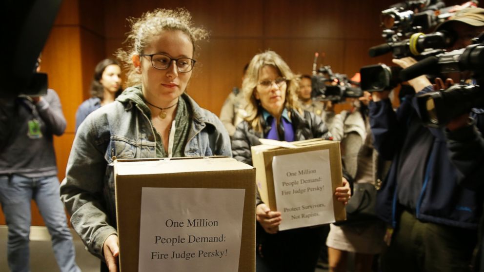 Activists from UltraViolet, a national women's advocacy organization, attempt to deliver over one million signatures to the California Commission on Judicial Performance calling for the removal of Judge Aaron Persky from the bench on June 10, 2016, in San Francisco. A group of California lawmakers joined women's rights advocates Friday in urging a California agency to take action against the judge who sentenced a former Stanford University swimmer to six months in jail for sexually assaulting an unconscious woman. 