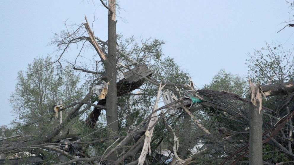 Twisted trees and power lines are visible following a tornado in Baxter Springs, Kan., April 27, 2014.