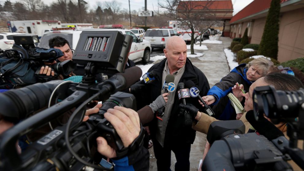 Lyndhurst, N.J., Police Chief James B. O'Connor talks to the media outside a Quality Inn near the site of NFL Super Bowl XLVIII, Jan. 31, 2014, in Lyndhurst, N.J. White powder was mailed to businesses near the site of Sunday's Super Bowl, prompting an investigation by the FBI and other law enforcement. A federal law enforcement official said one of the envelopes contained baking soda.