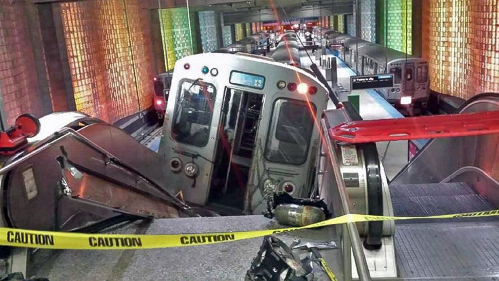 A Chicago Transit Authority train car rests on an escalator at the O'Hare Airport station after it derailed, March 24, 2014, in Chicago. More than 30 people were injured after the train "climbed over the last stop, jumped up on the sidewalk and then went up the stairs and escalator," according to Chicago Fire Commissioner Jose Santiago.