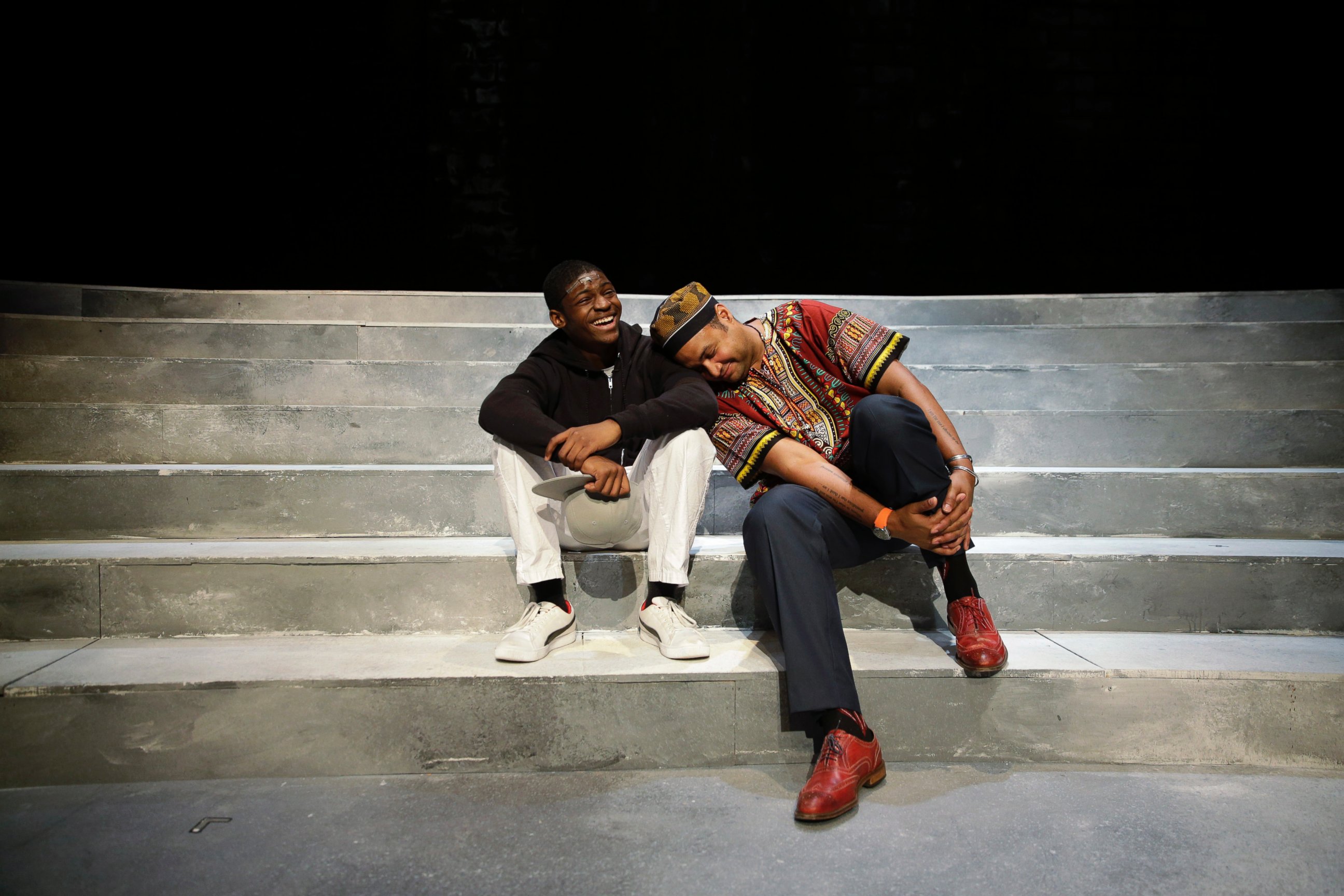 PHOTO: Director Rajendra Ramoon Maharaj, right, leans on actor Amir Randall, who plays Trayvon Martin after a rehearsal for The Ballad of Trayvon Martin at the New Freedom Theatre in Philadelphia, May 10, 2016.