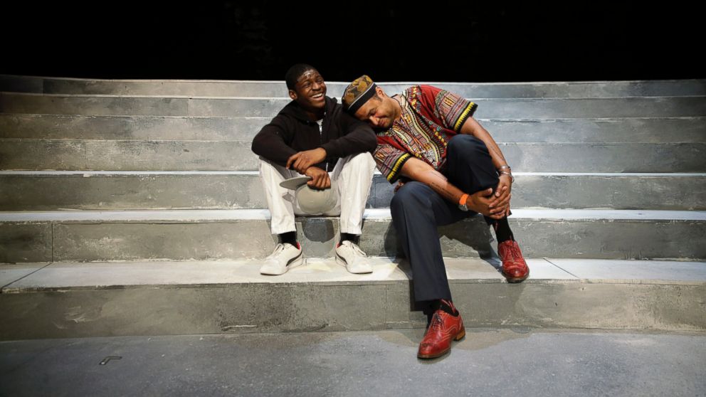 PHOTO: Director Rajendra Ramoon Maharaj, right, leans on actor Amir Randall, who plays Trayvon Martin after a rehearsal for The Ballad of Trayvon Martin at the New Freedom Theatre in Philadelphia, May 10, 2016.