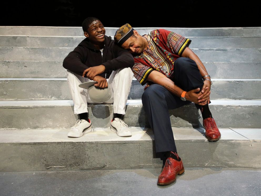 PHOTO: Director Rajendra Ramoon Maharaj, right, leans on actor Amir Randall, who plays Trayvon Martin after a rehearsal for The Ballad of Trayvon Martin at the New Freedom Theatre in Philadelphia, May 10, 2016.