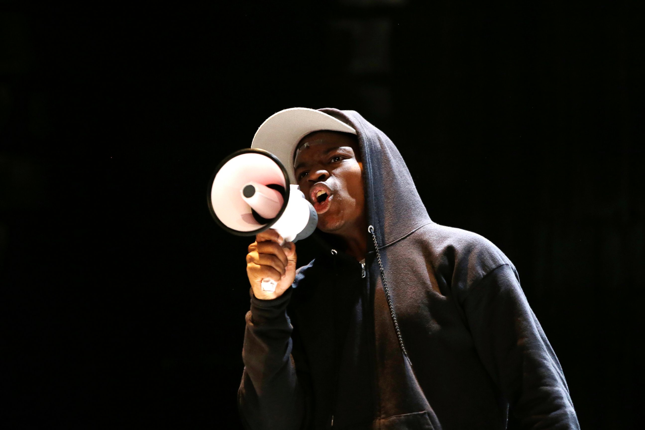 PHOTO: Amir Randall, playing Trayvon Martin, acts out a scene during a rehearsal for The Ballad of Trayvon Martin at the New Freedom Theatre in Philadelphia, May 10, 2016. 