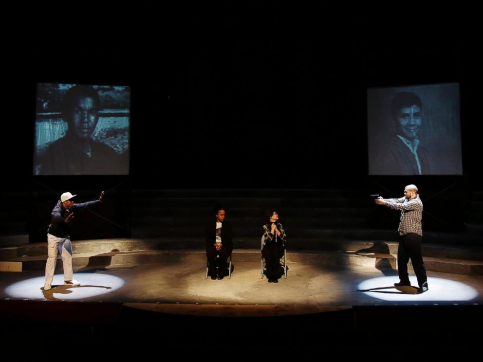 PHOTO: Cast members Amir Randall, from left, Angel Brice, Donna Cherry and Christopher David Roche rehearse a scene for The Ballad of Trayvon Martin at the New Freedom Theatre in Philadelphia, May 10, 2016.