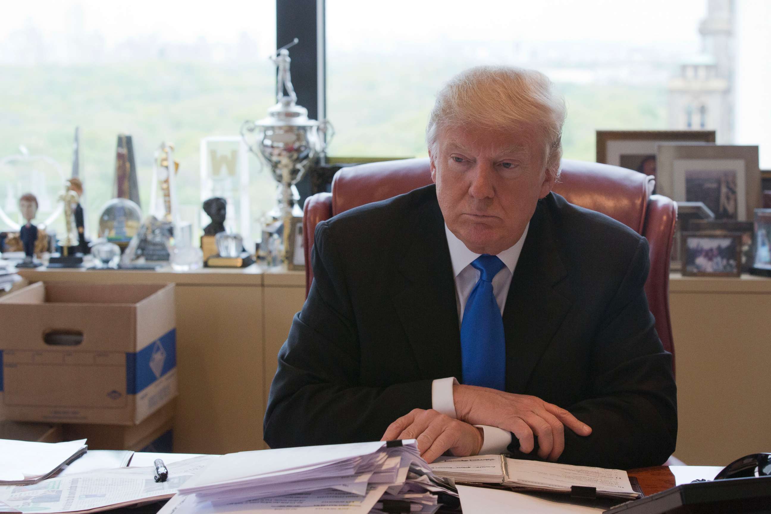 PHOTO: Donald Trump is photographed during an interview with The Associated Press in his office at Trump Tower in New York, May 10, 2016.