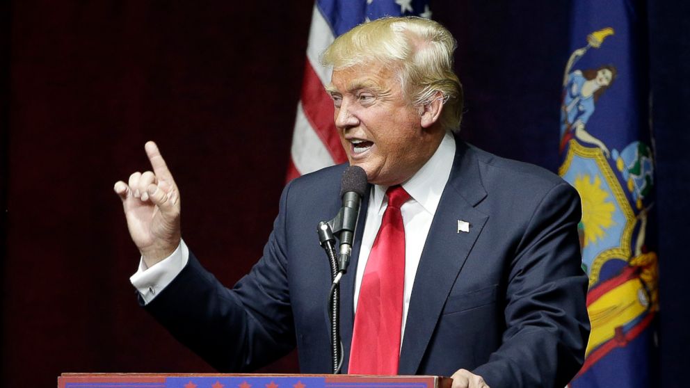 Republican presidential candidate Donald Trump speaks during a campaign rally, Wednesday, April 6, 2016, in Bethpage, N.Y.