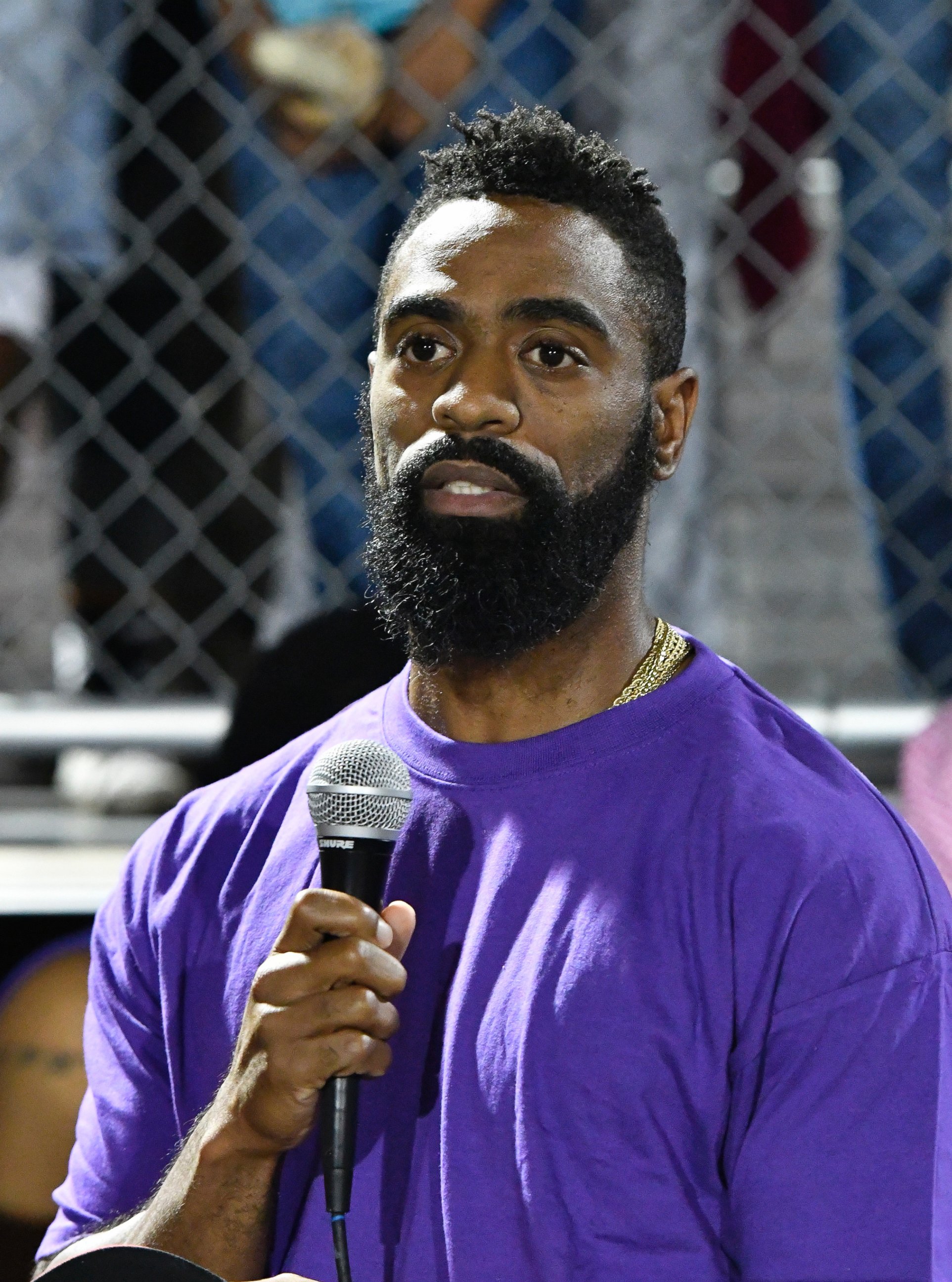 PHOTO: Former Olympian Tyson Gay speaks to the mourners gathered in memory of his daughter Trinity at Lafayette High School, Oct. 17, 2016, in Lexington, Kentucky.