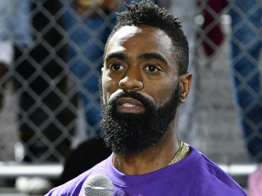 PHOTO: Former Olympian Tyson Gay speaks to the mourners gathered in memory of his daughter Trinity at Lafayette High School, Oct. 17, 2016, in Lexington, Kentucky.