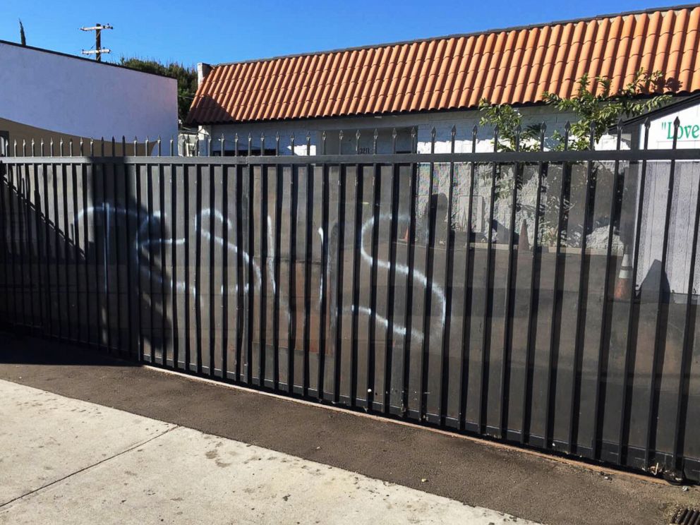 PHOTO:This photo provided by the Ahmadiyya Muslim Community muslimsforpeace.org shows Jesus in spray paint vandalizing a gate at the Ahmadiyya Muslim Community Baitus-Salaam Mosque in Hawthorne, Calif., Dec. 13, 2015.