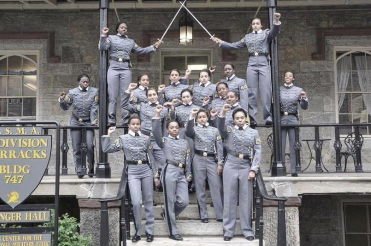 PHOTO: This undated image obtained from Twitter, May 7, 2016, shows 16 black, female cadets in uniform with their fists raised while posing for a photograph at the United States Military Academy at West Point, N.Y.