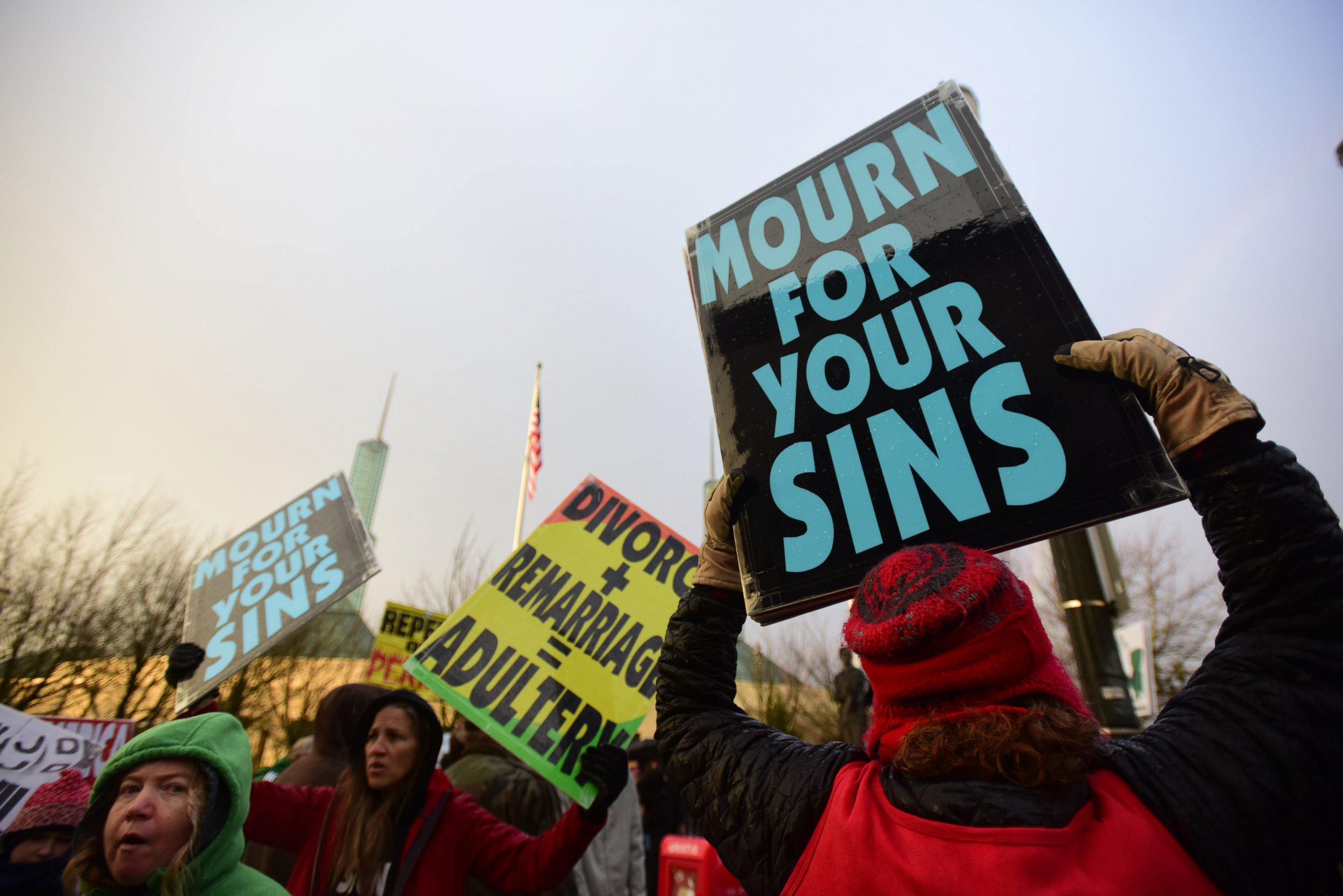 PHOTO: Westboro Baptist Church members take part in a picket outside of the Gay Christian Network Conference held at the Convention Center in Portland, Ore., Jan. 10, 2015. 