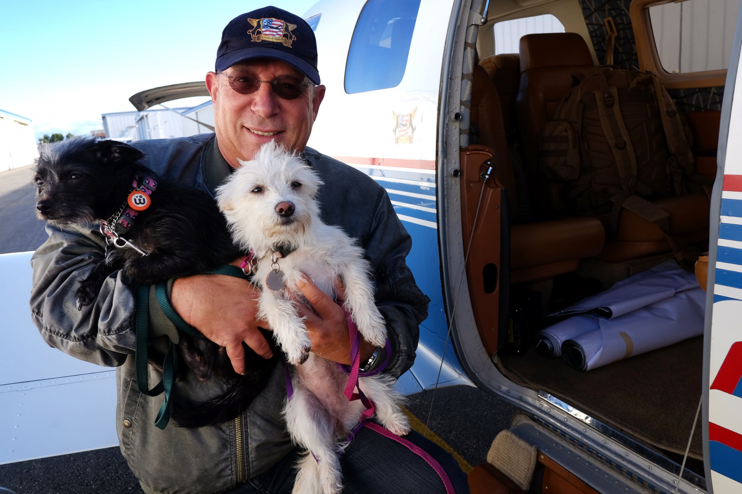 PHOTO: Yahuda Netanel carries two rescue dogs prior to a flight out of the Van Nuys Airport, in Van Nuys, Calif. on April 8, 2015. 