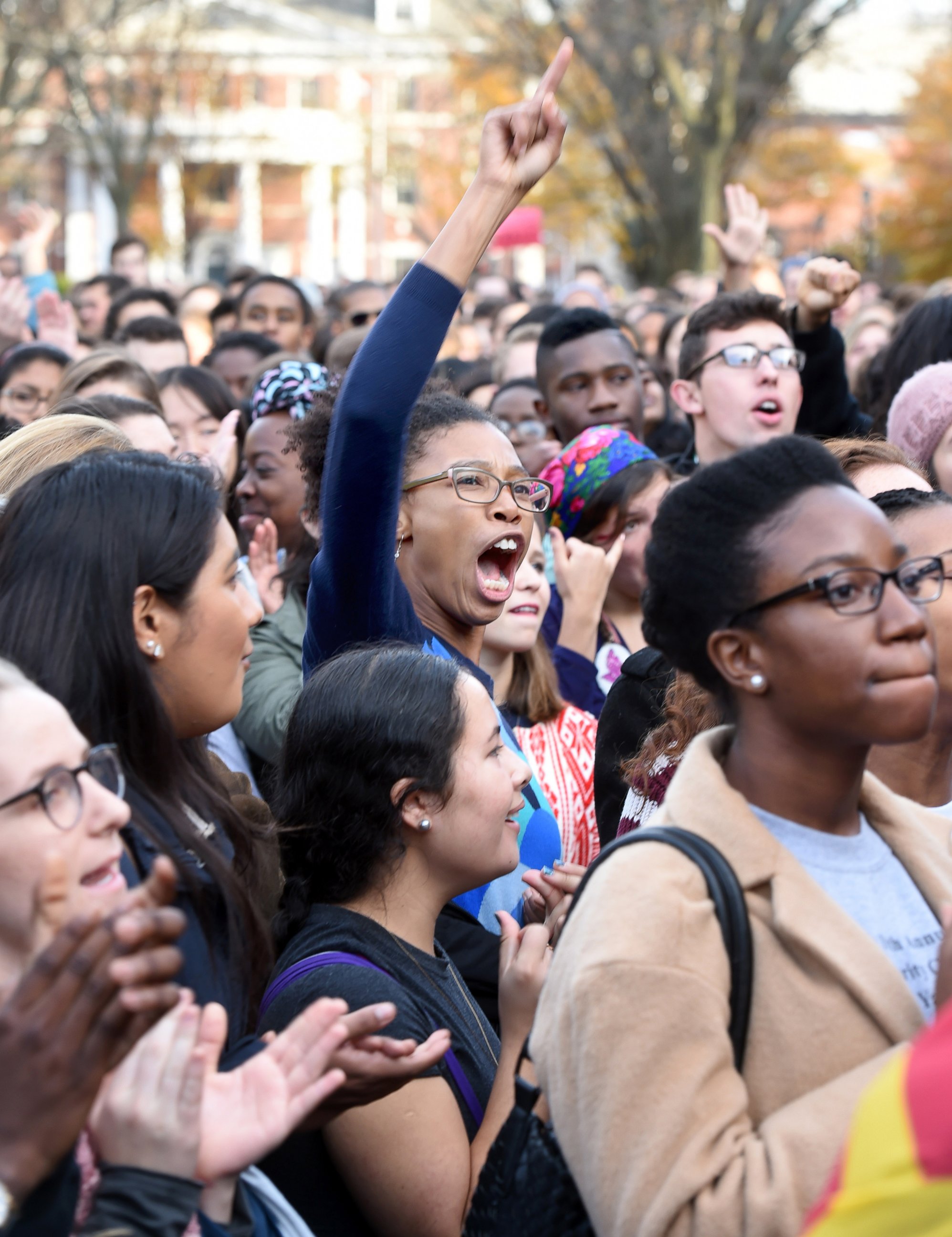 PHOTO:Yale University students and faculty rally to demand that Yale University become more inclusive to all students on Cross Campus in New Haven, Nov. 9, 2015. 
