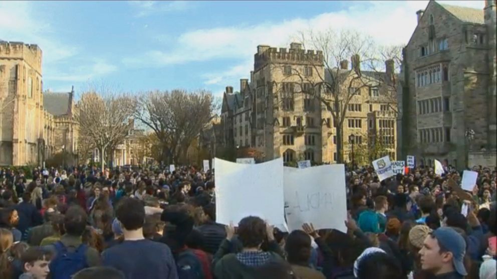 PHOTO: Yale University students and supporters participate in a march across campus to demonstrate against what they see as racial insensitivity at the Ivy League school, Nov. 9, 2015, in New Haven, Conn.