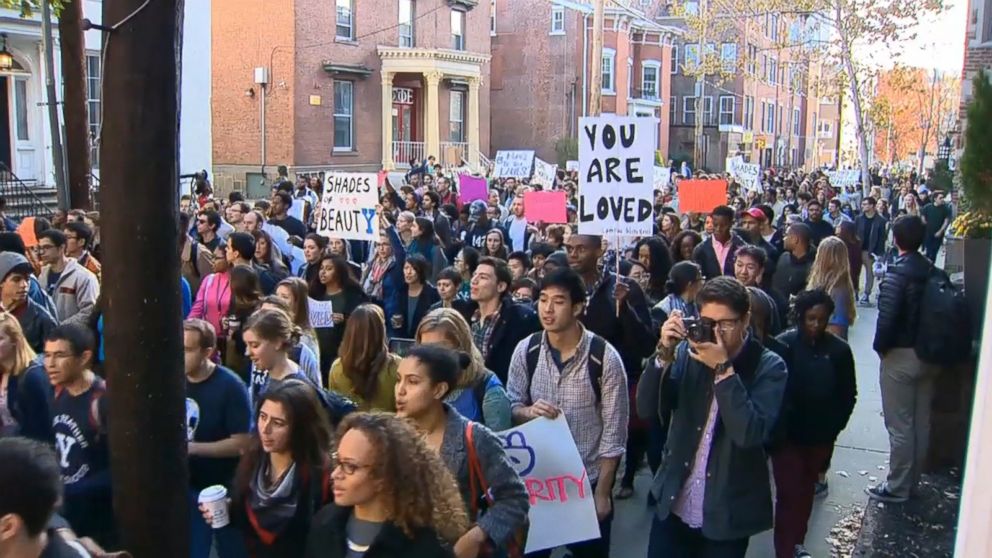 PHOTO:Yale University students and supporters participate in a march across campus to demonstrate against what they see as racial insensitivity at the Ivy League school, Nov. 9, 2015, in New Haven, Conn. 
