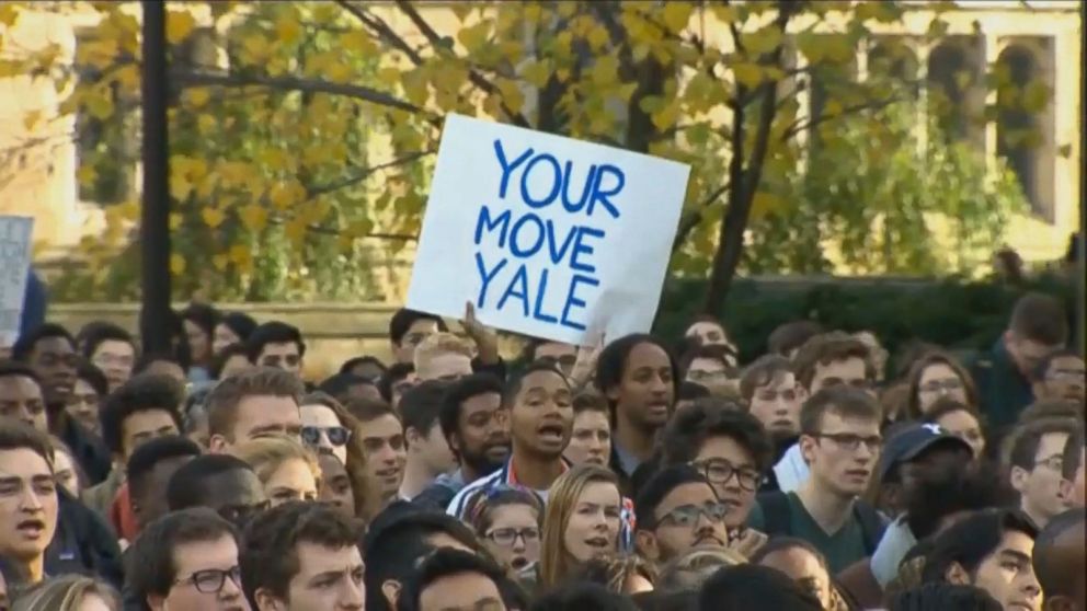 PHOTO: Yale University students and supporters participate in a march across campus to demonstrate against what they see as racial insensitivity at the Ivy League school, Nov. 9, 2015, in New Haven, Conn.
