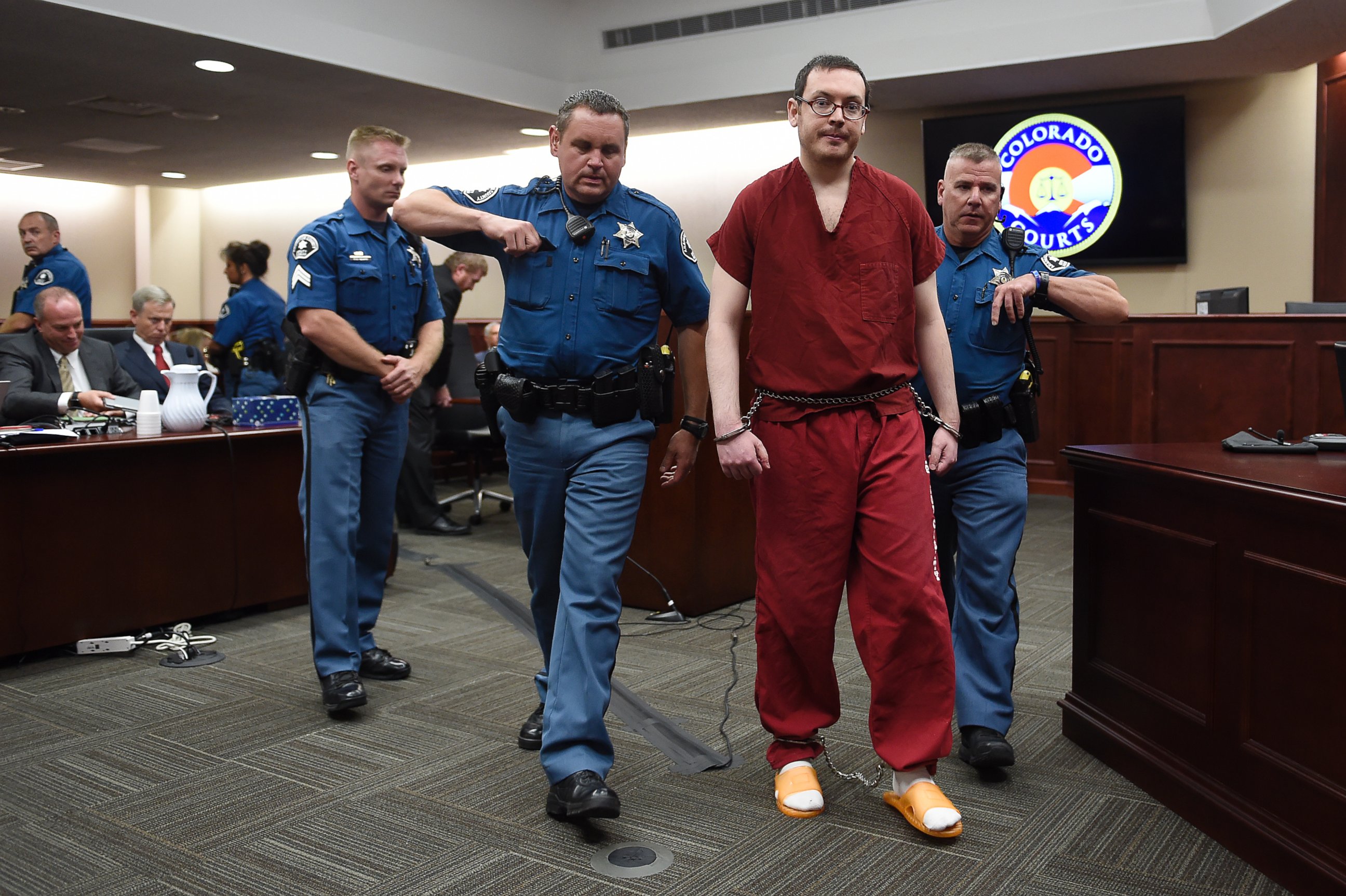 PHOTO:In this Aug. 26, 2015 file photo, Colorado theater shooter James Holmes is led out of the courtroom after being formally sentenced in Centennial, Colo.   