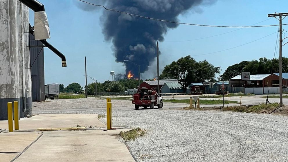 PHOTO: An aerial view of the explosion at an ONEOK plant in Medford, Oklahoma. 