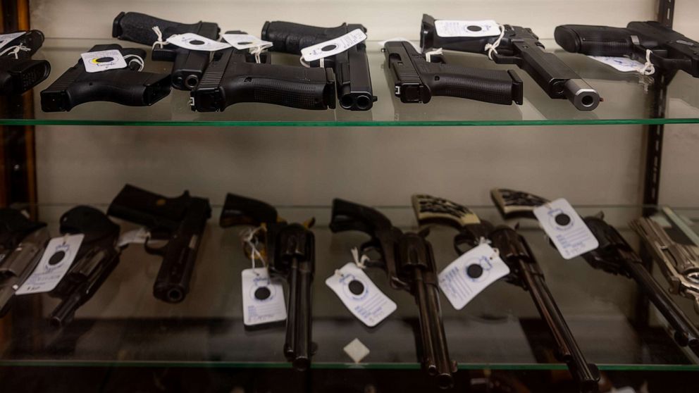 PHOTO: Firearms are seen displayed on shelves in the McBride Guns Inc. store, Aug. 25, 2023, in Austin, Texas.