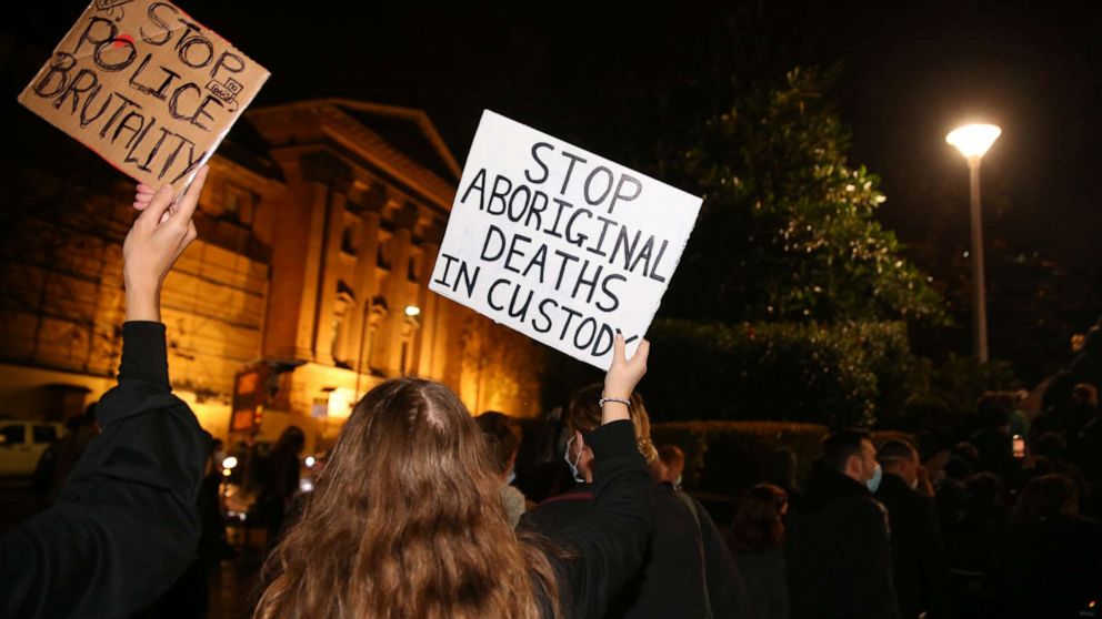 PHOTO: Protesters during a 'Rally Against Black Deaths In Custody,'June 12, 2020, in Sydney, Australia. 