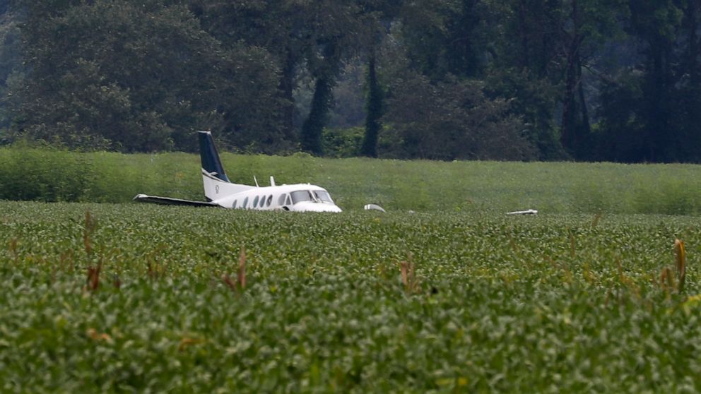 PHOTO: A stolen airplane rests in a field of soybeans after crash-landing near Ripley, Miss., Sept. 3, 2022. 