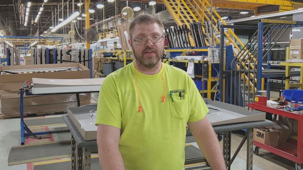 PHOTO: Alva Manship, pictured, has worked on the Winnebago production line for two years in Forest City, Iowa.