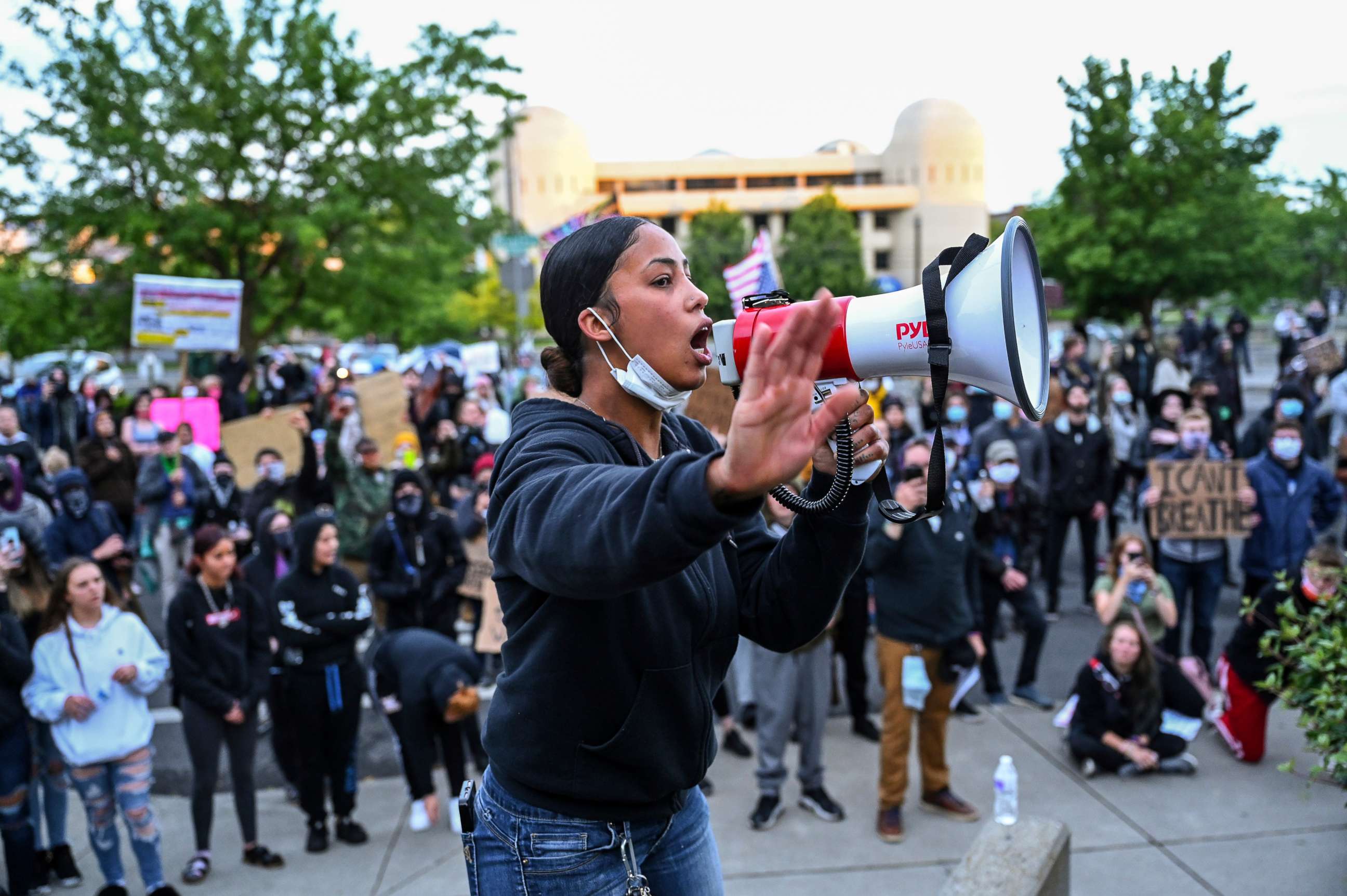 PHOTO: Organizer Renee White speaks to a group Black Lives Matter protesters gathered at the Spokane County Courthouse Sunday night, June 7, 2020. The death of George Floyd at the hands of police in Minneapolis has sparked protests for police reform.