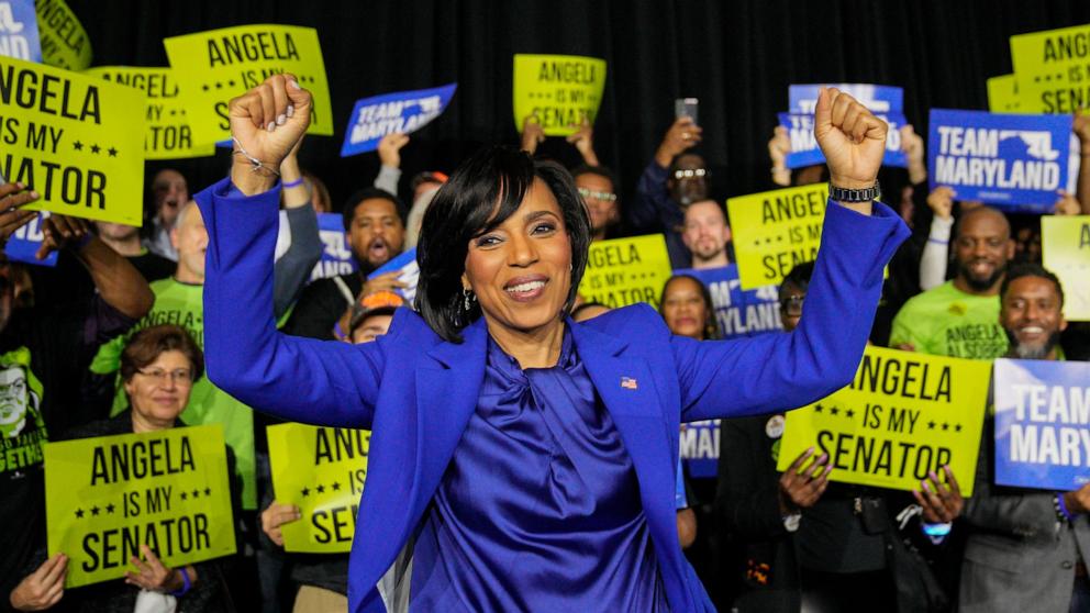 PHOTO: Democratic Maryland Senator-elect Angela Alsobrooks cheers during an election night watch party, Nov. 5, 2024, in College Park, Md.