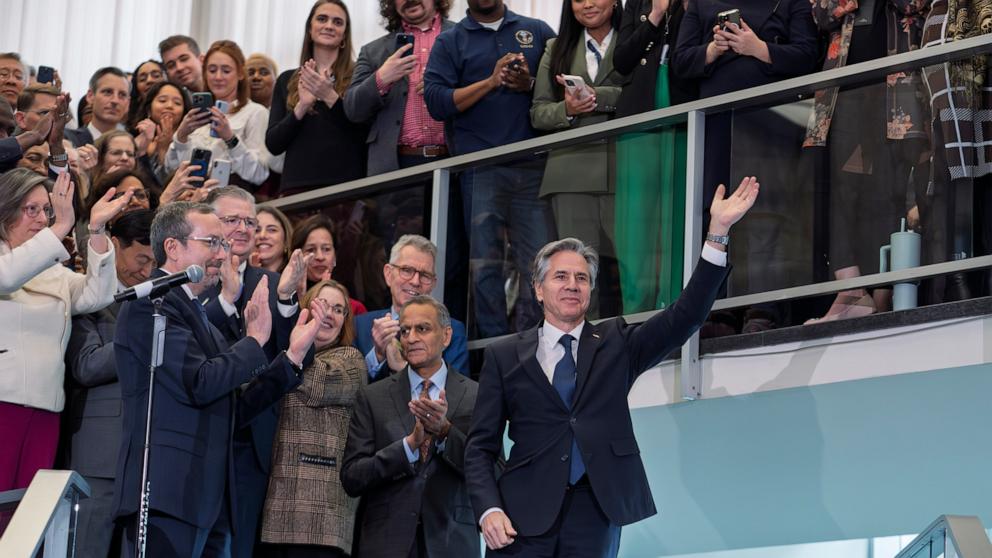 PHOTO: Secretary of State Antony Blinken bids farewell to diplomats and staff at the State Department in Washington, Jan. 17, 2025. 
