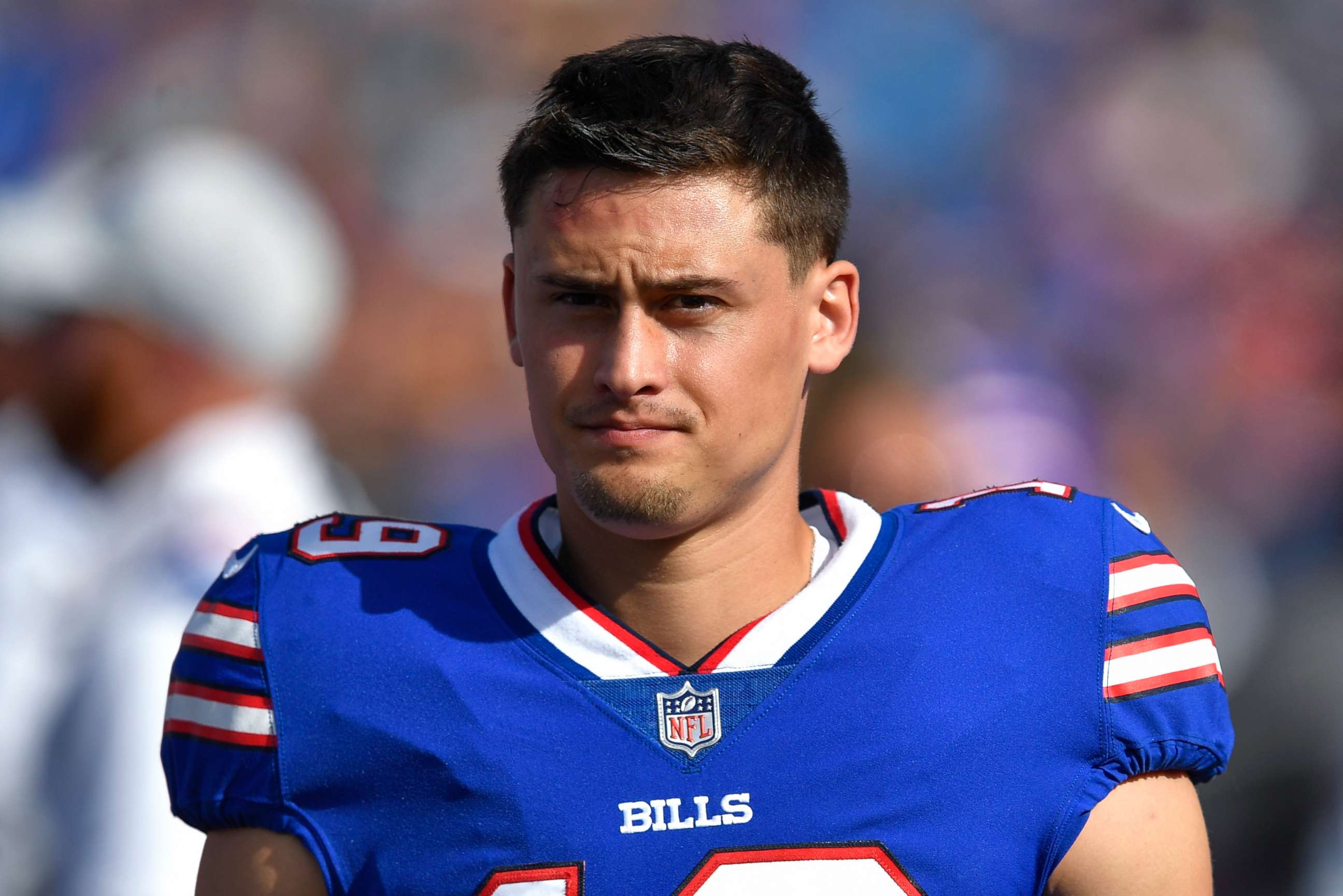 PHOTO:  Buffalo Bills punter Matt Araiza walks on the sideline during the first half of a preseason NFL football game against the Indianapolis Colts in Orchard Park, N.Y., on Aug. 13, 2022. 