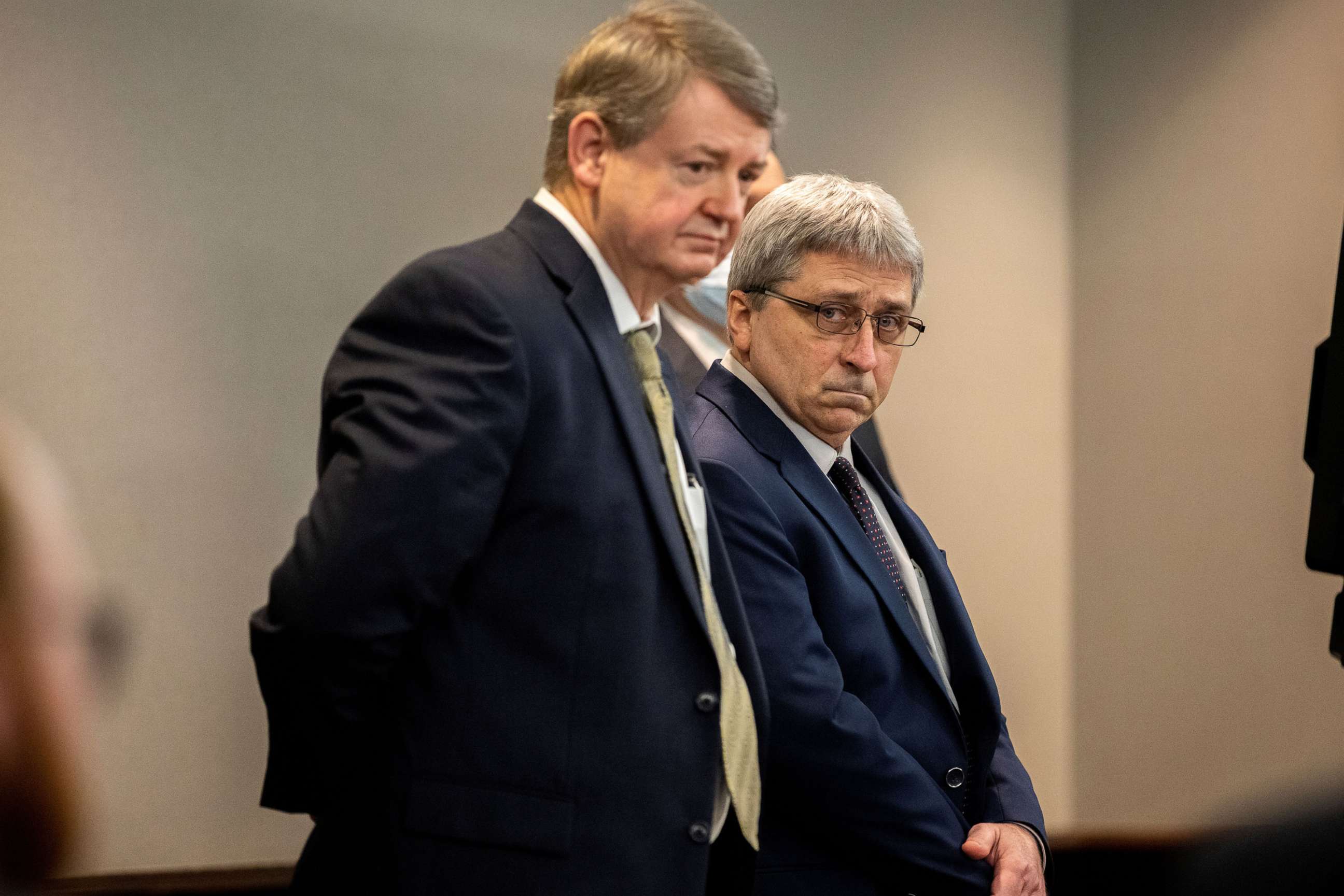 PHOTO: William "Roddie" Bryan stands next to his attorney Kevin Gough after the jury handed down their verdict in the Glynn County Courthouse, in Brunswick, Ga., Nov. 24, 2021.