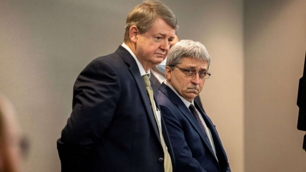 PHOTO: William "Roddie" Bryan stands next to his attorney Kevin Gough after the jury handed down their verdict in the Glynn County Courthouse, in Brunswick, Ga., Nov. 24, 2021.