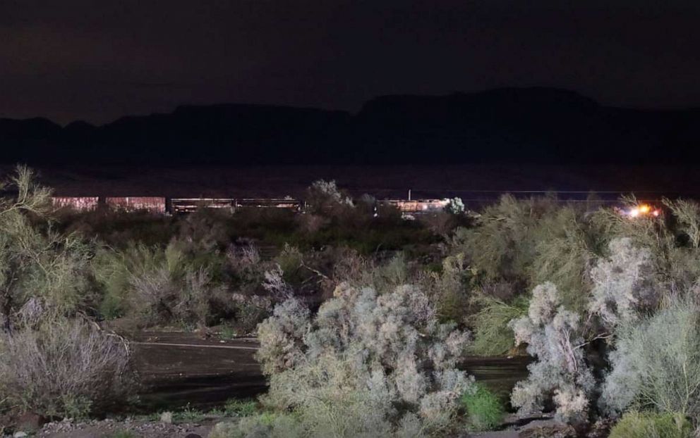 PHOTO: A BNSF train carrying corn syrup derailed near Topock, Arizona, near the state’s border with California as multiple law enforcement offices responded to the scene which was was under a tornado warning earlier on Wednesday, March 15, 2023.