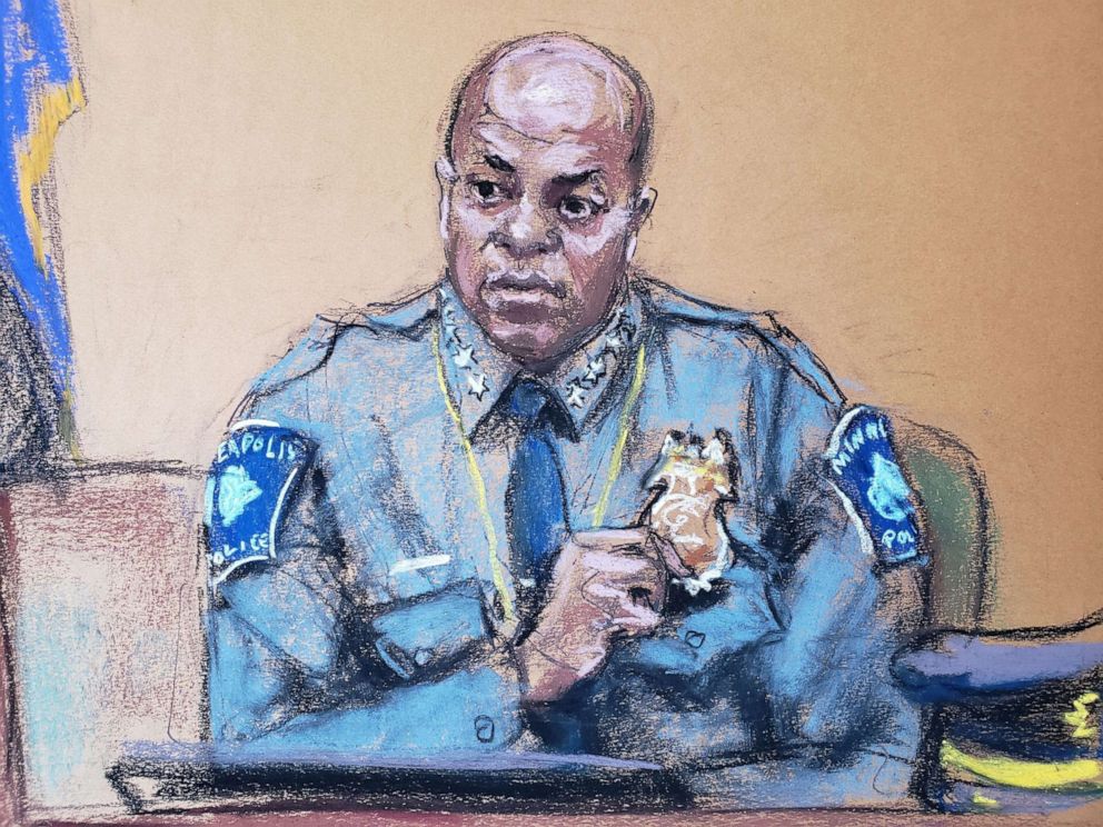 PHOTO: Minneapolis Police Chief Medaria Arradondo answers questions on the sixth day of the trial of former Minneapolis police officer Derek Chauvin in Minneapolis, April 5, 2021, in this courtroom sketch. 