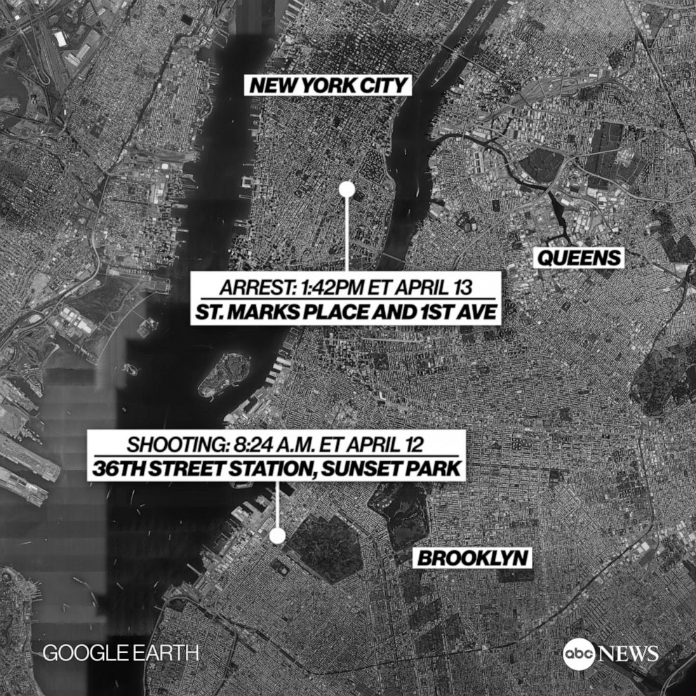 Map shows the site of the Brooklyn subway shooting and the site of the suspect's arrest.